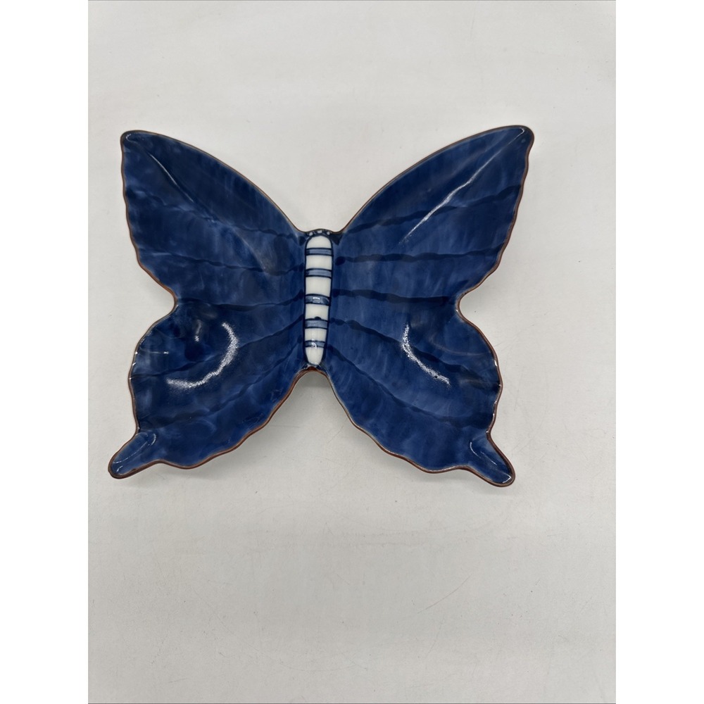Vintage Fitz & Floyd FF Japan Blue Butterfly Porcelain Serving Trinket Dish 8"